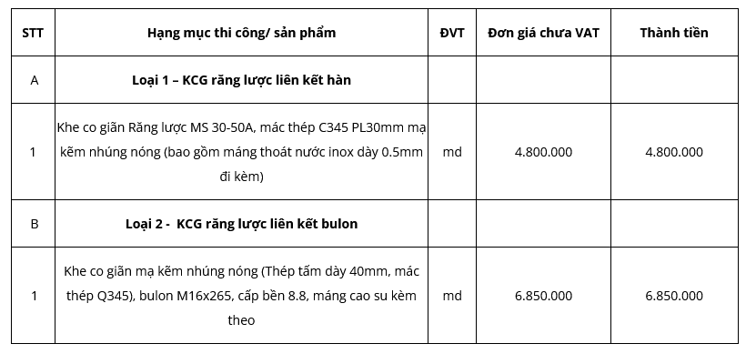 Bảng báo giá khe co giãn răng lược